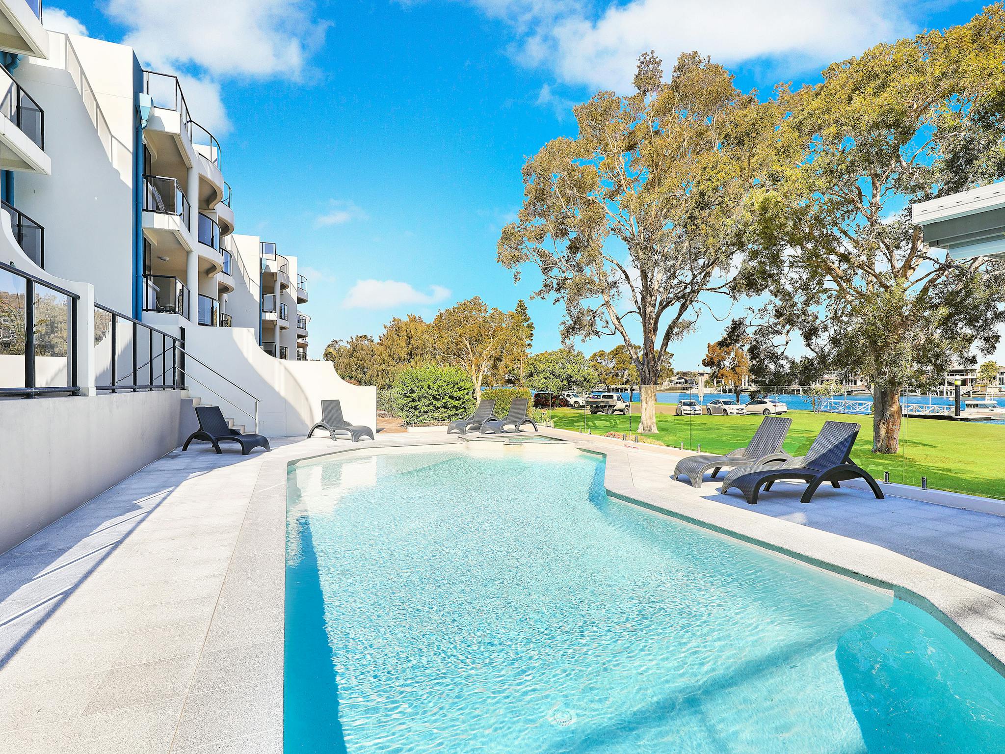 Beautiful river view while relaxing in the pool at Spinnaker Quays Beautiful river view while relaxing in the pool at Spinnaker Quays