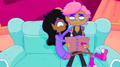 Animation of one figure sitting in the lap of another figure who is reading and looking tired