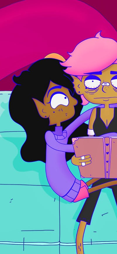 Animation of one figure sitting in the lap of another figure who is reading and looking tired