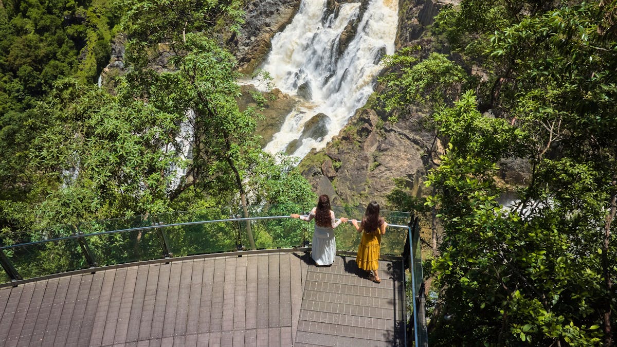 Boardwalk with two ladies standing at a lookout surrounded by rainforest looking at waterfall