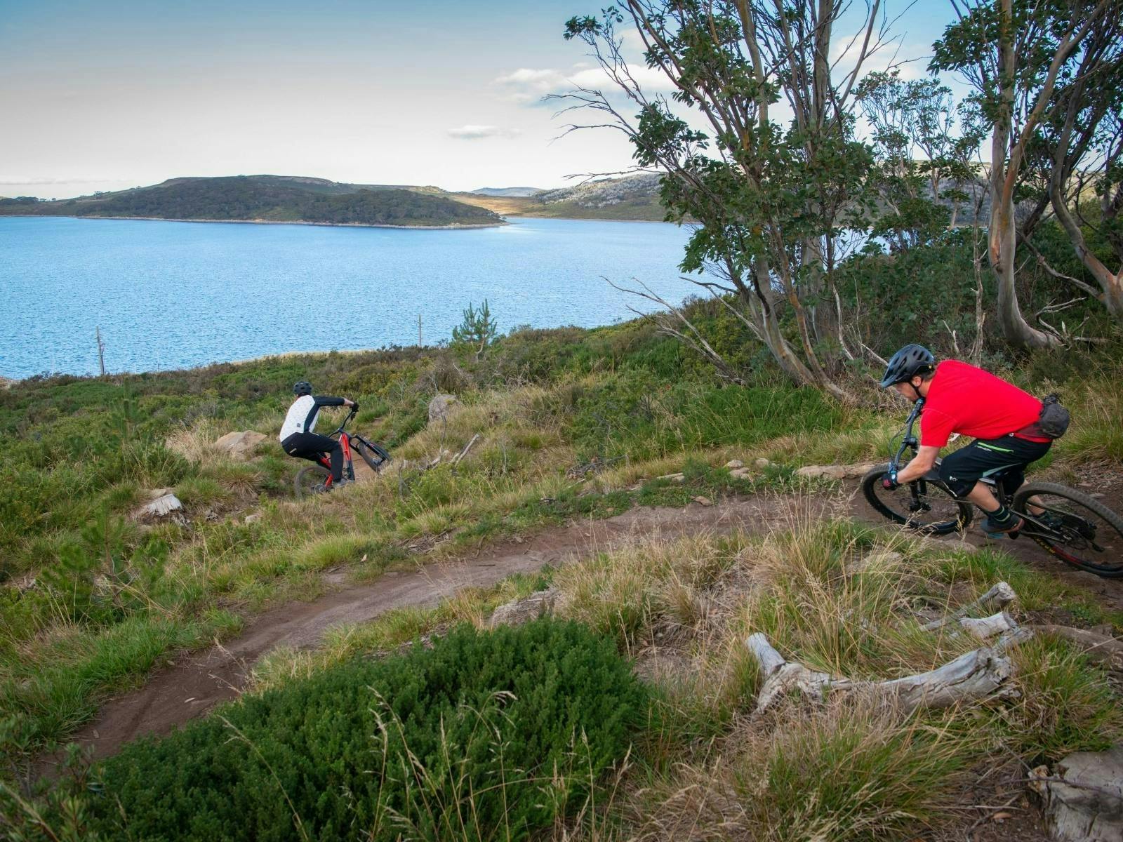 Two mountain bikers riding down the Lakeside mountain bike trail overlooking Rocky Valley Pondage