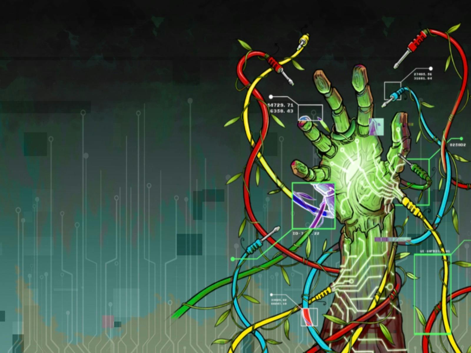 Artwork of a green robotic looking hand reaching up, coloured electrical cords are attached Artwork of a green robotic looking hand reaching up, coloured electrical cords are attached