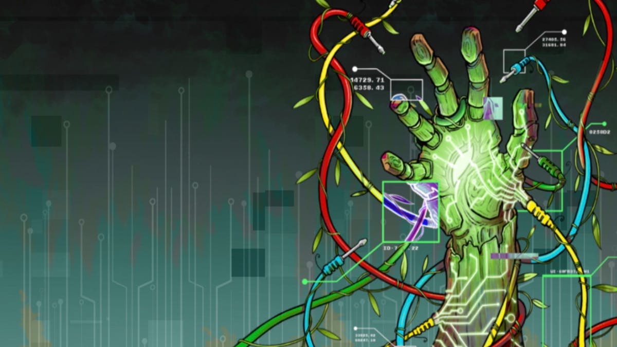 Artwork of a green robotic looking hand reaching up, coloured electrical cords are attached