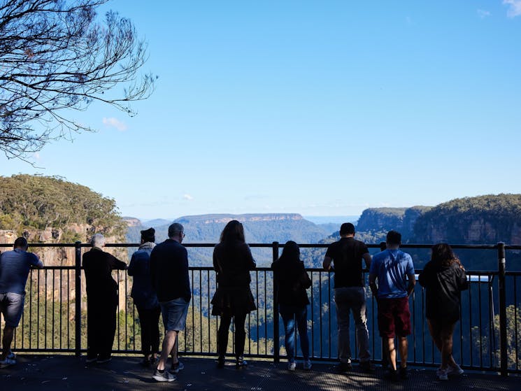 people at the fitzroy falls lookout, expansive views of the yarrunga valley