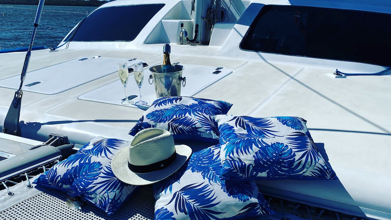 Picture of cushions and ice bucket at front of catamaran