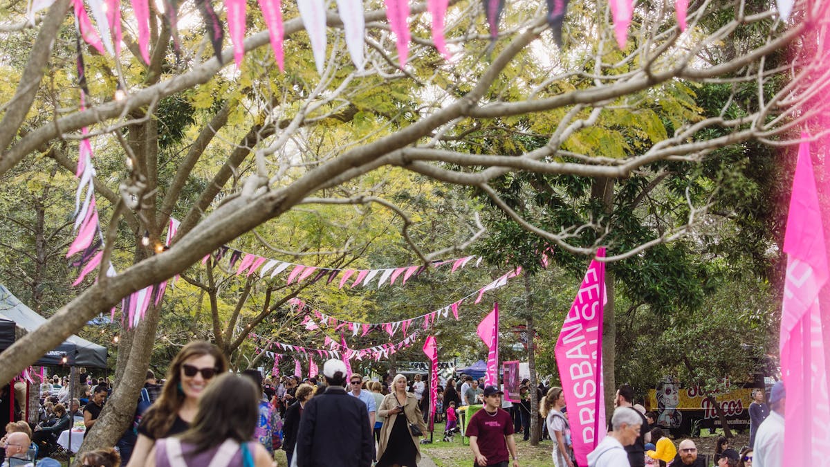 Brightly coloured flags decorate a walkway at a community festival in a park.