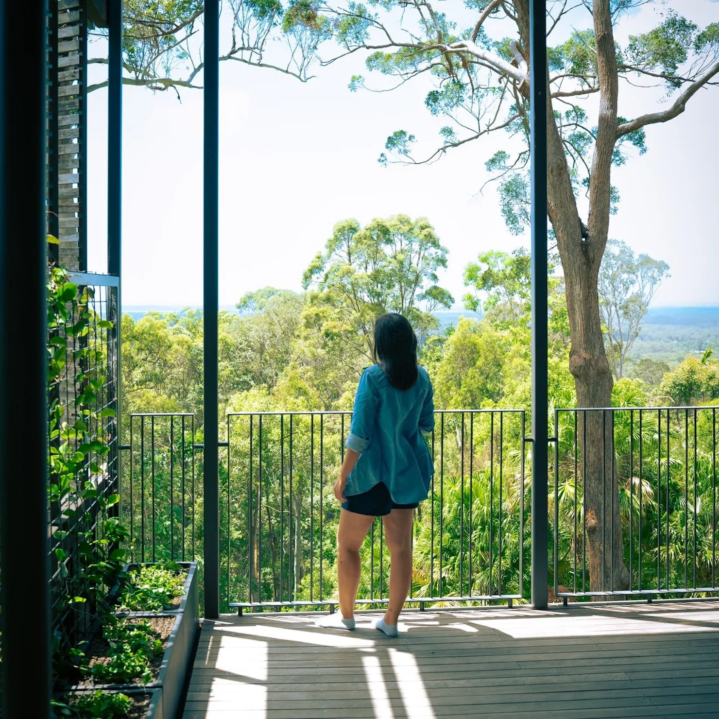 A woman looks out over a landscape