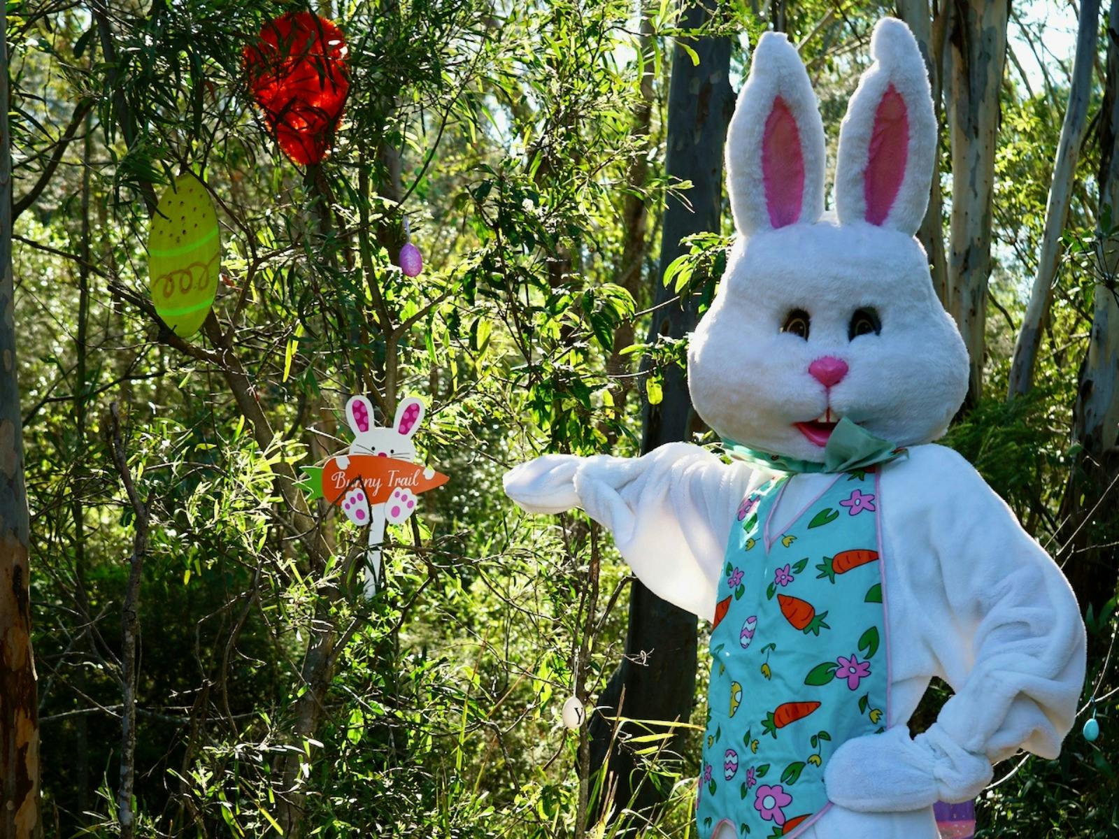 Easter Bunny Pointing at a trail sign