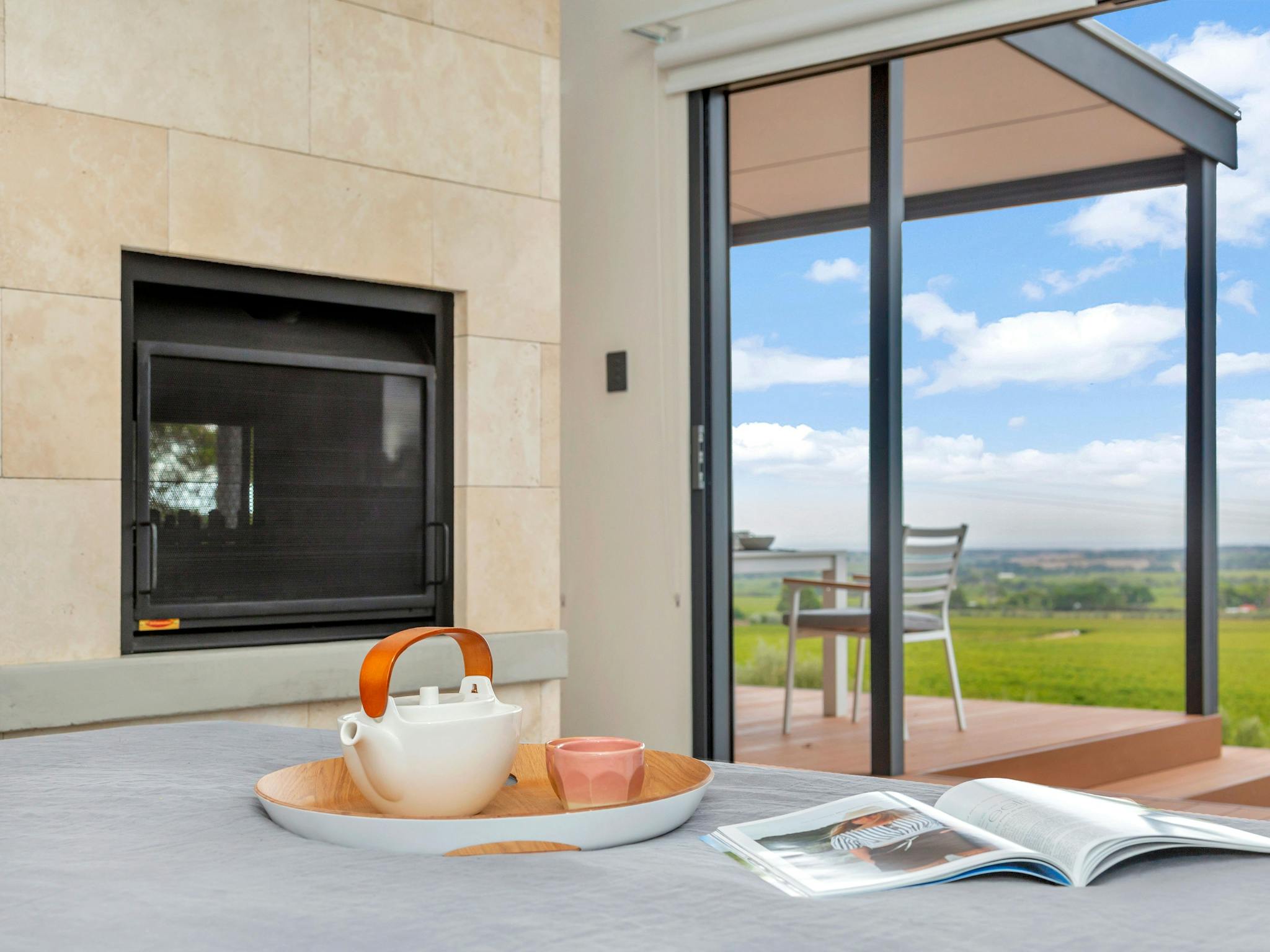 Bed with a view and fireplace