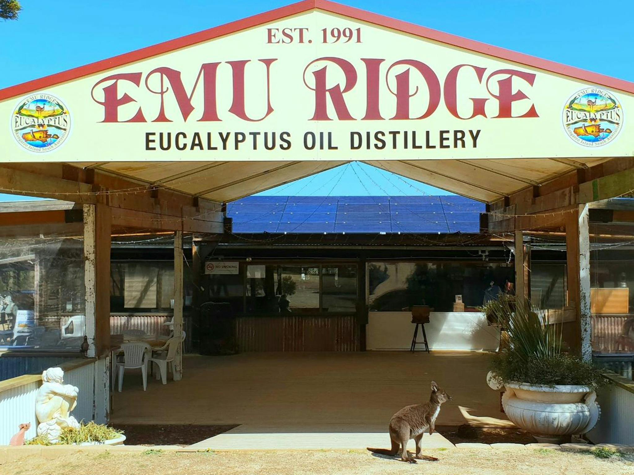A photo of Emu Ridge Eucalyptus Distillery with a kangaroo infront