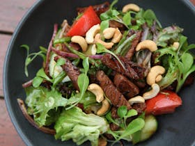 Asian Beef Salad marinated beef, cucumber, lettuce, tomato, snow peas with Asian Dressing