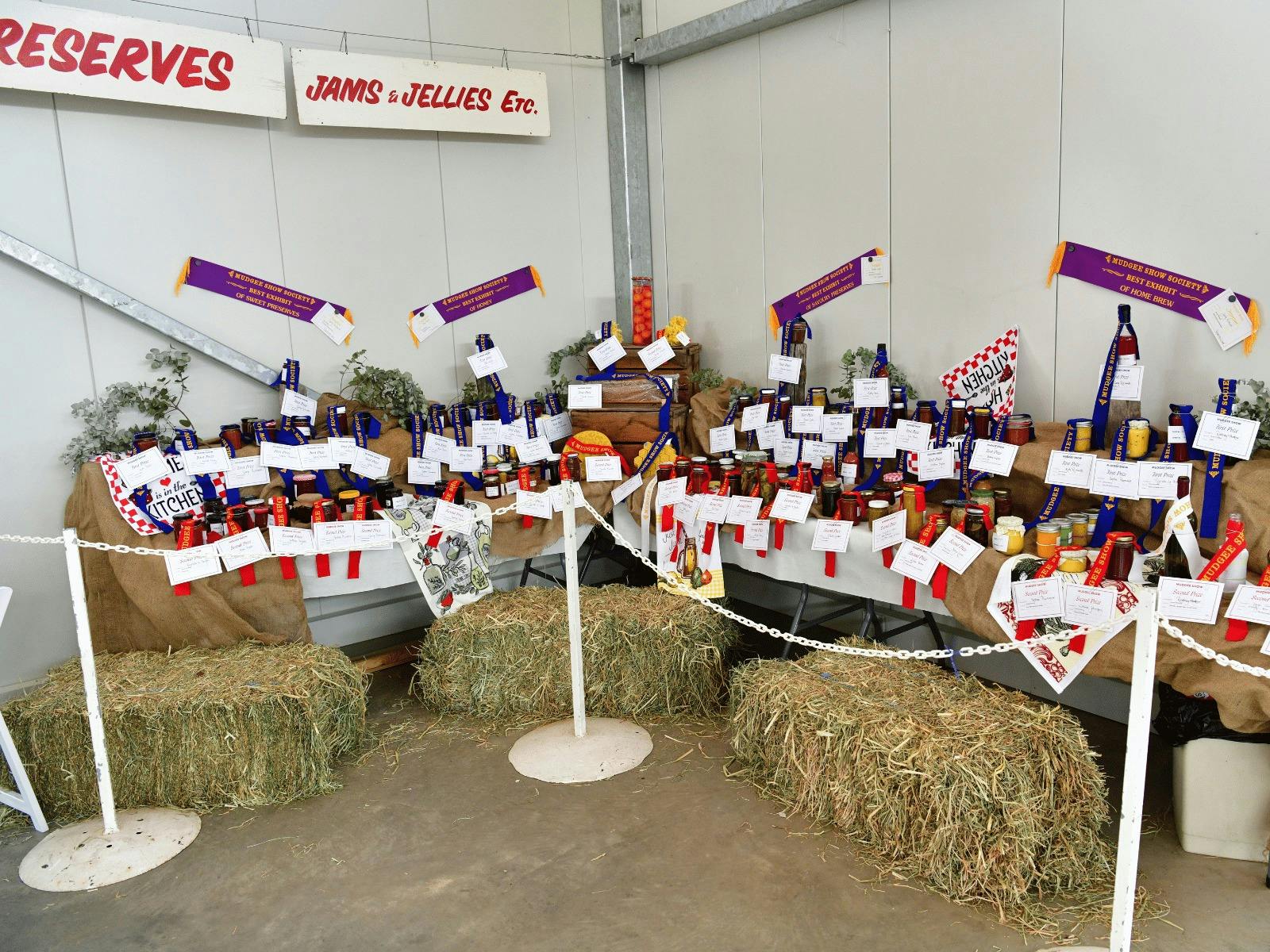 Prize-winning preserves and home produce displayed in the Mudgee Show pavilion.
