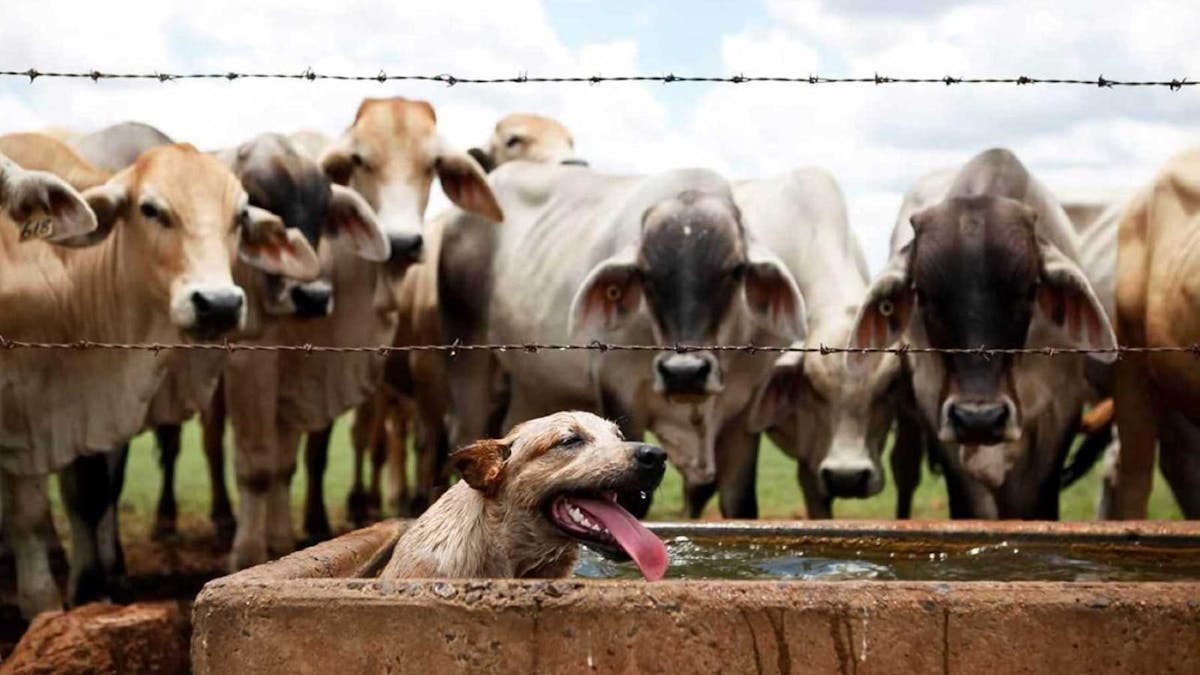 Cattle Dog cooling off in the water trough
