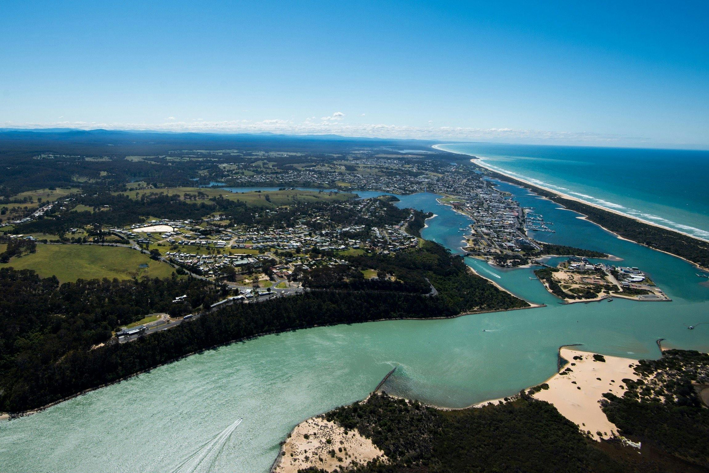 View of Kalimna, Lakes Entrance township and Bullock Island