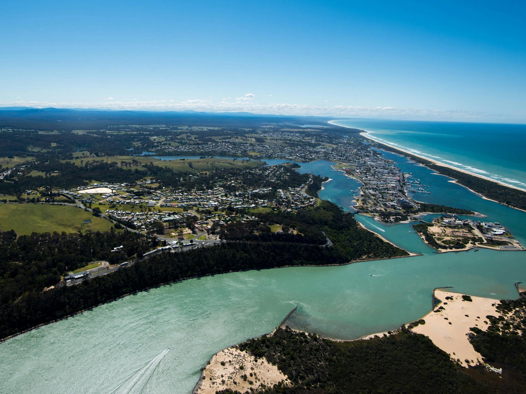 View of Kalimna, Lakes Entrance township and Bullock Island