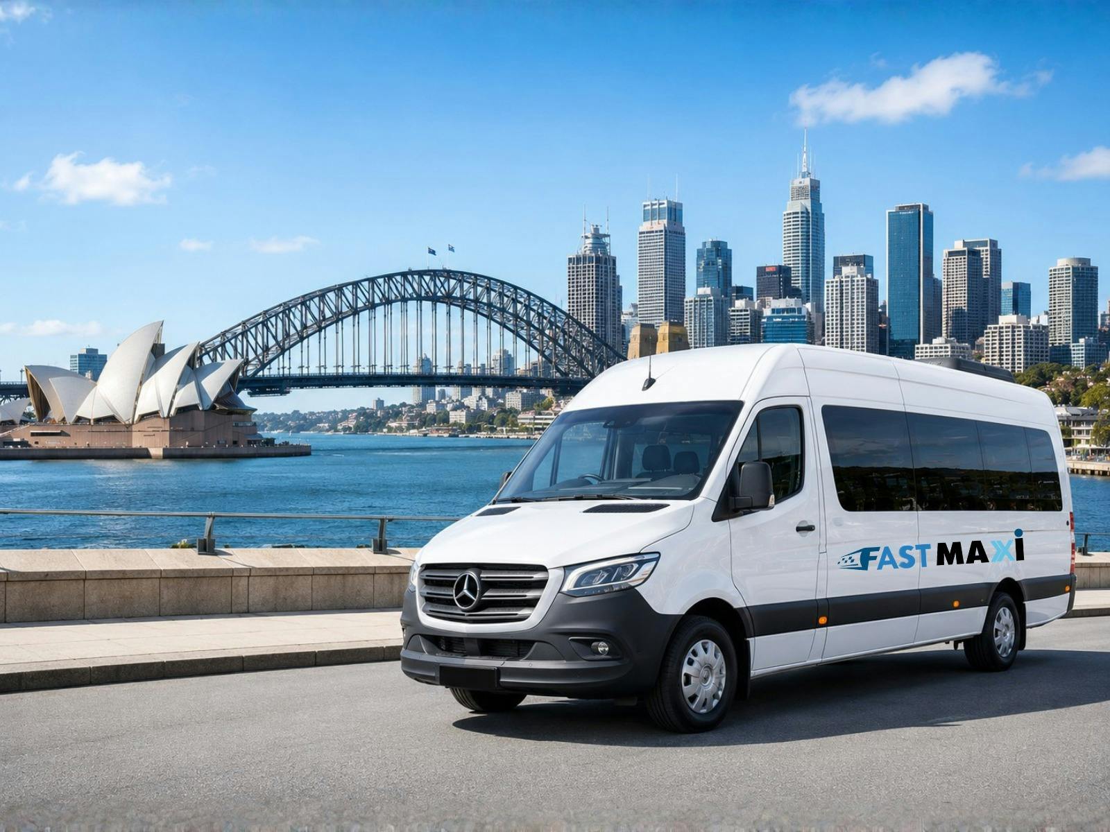 Fast Maxi transport vehicle near Sydney Harbour Bridge and Sydney Opera House