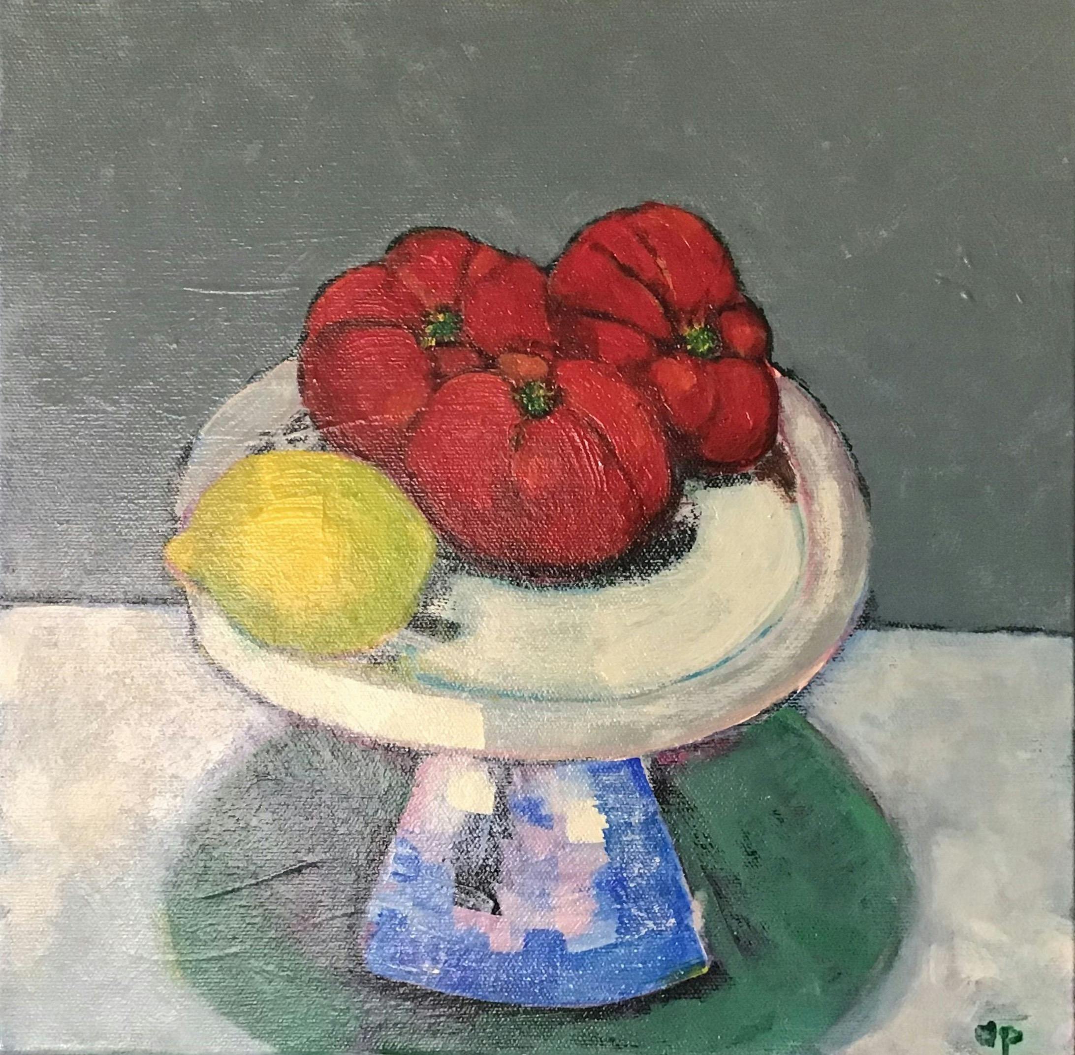 Still life painting of tomatoes and lemon on a tall platter in front of grey background.