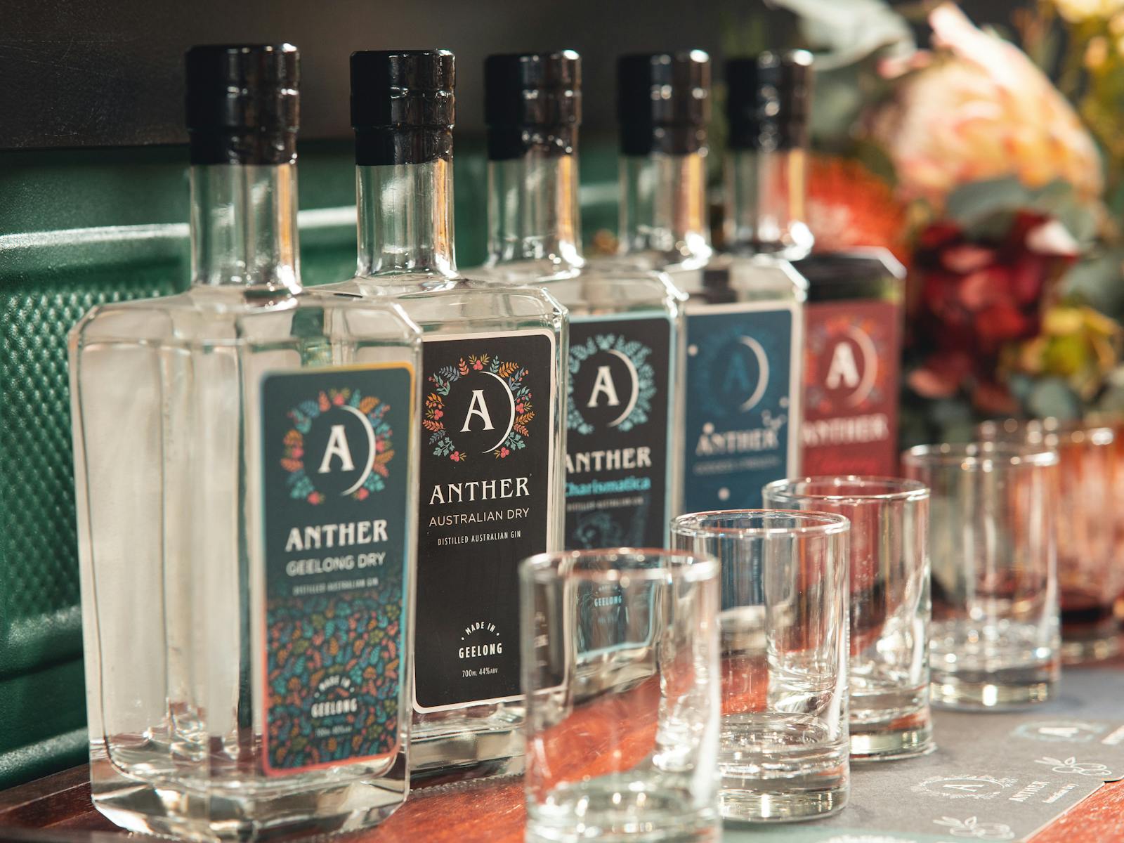 Anther Gin tasting flight includes five gins, tonic, botanicals and garnishes.