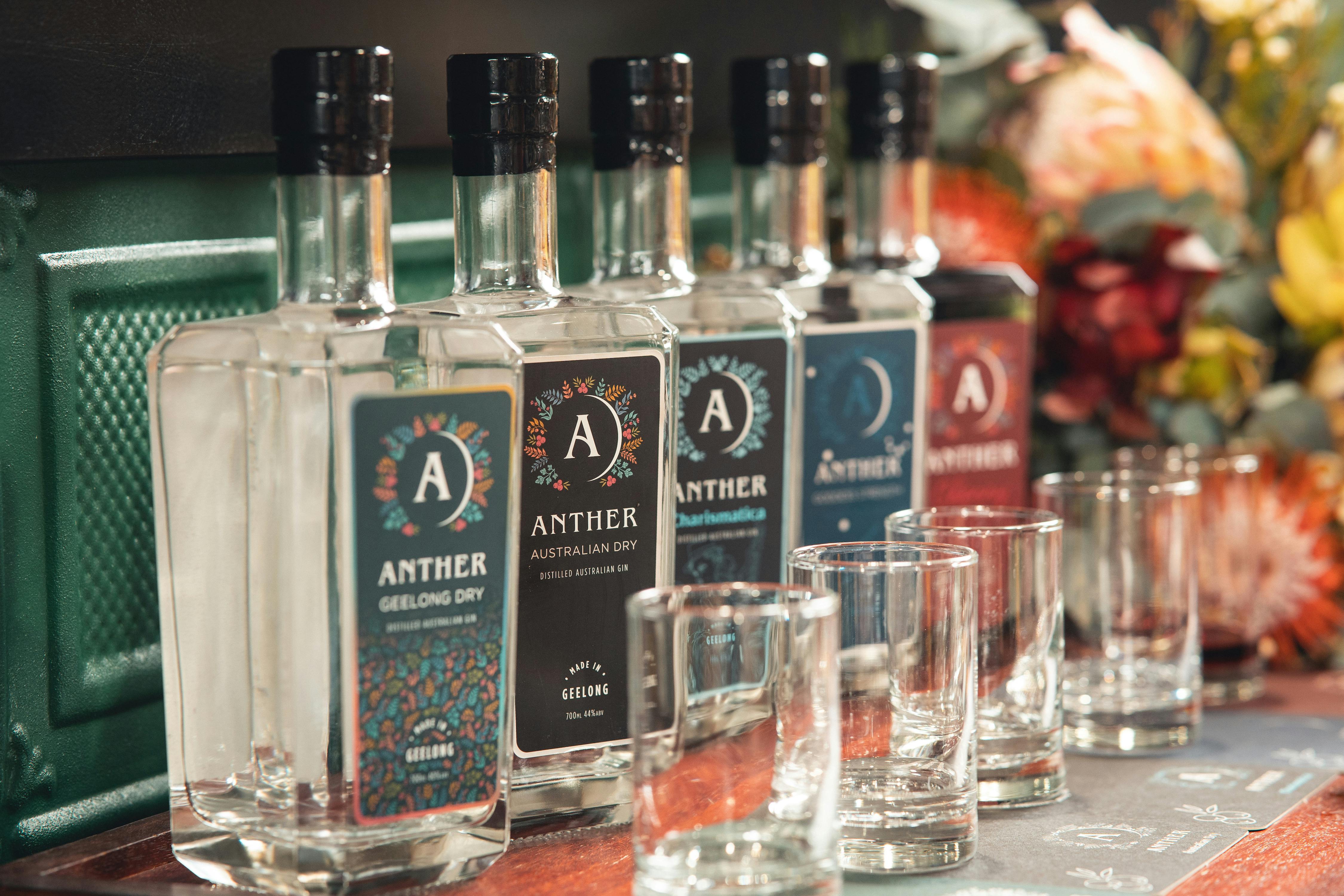 Anther Gin tasting flight includes five gins, tonic, botanicals and garnishes.