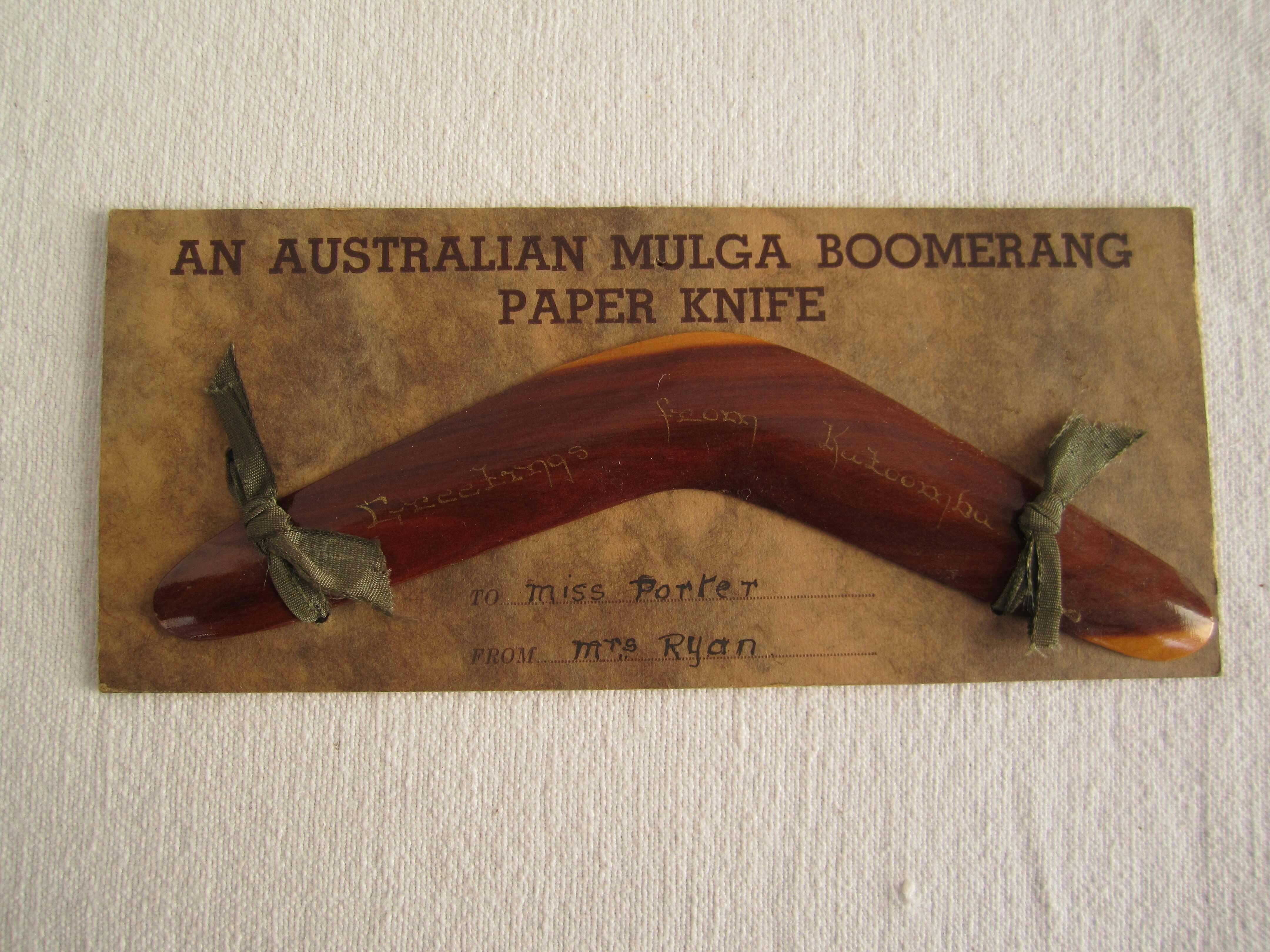 Boomerang shaped paper knife made from Mulga
