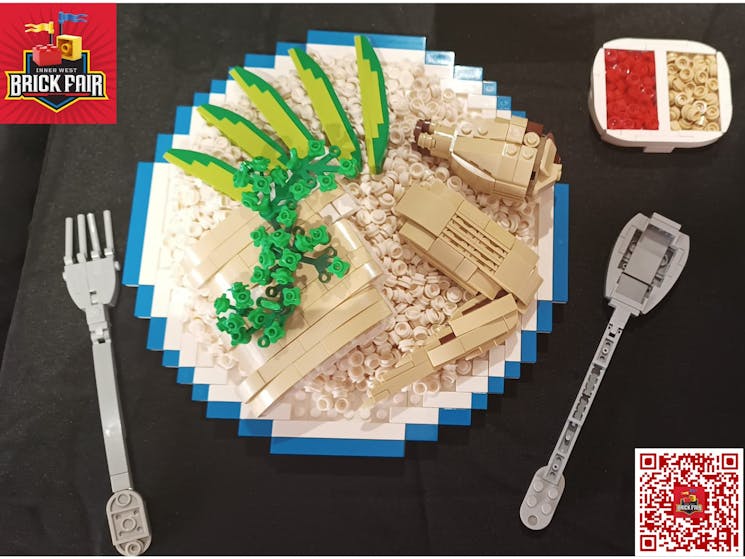 Lego plate aof noodles and knife and fork made of Lego