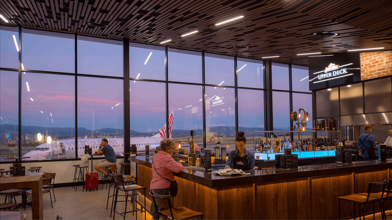 Dusk descends on the Boags Upper Deck Bar and Restaurant at Launceston Airport