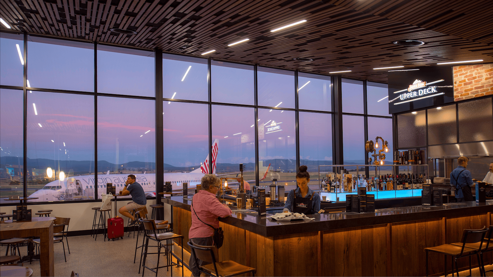 Dusk descends on the Boags Upper Deck Bar and Restaurant at Launceston Airport