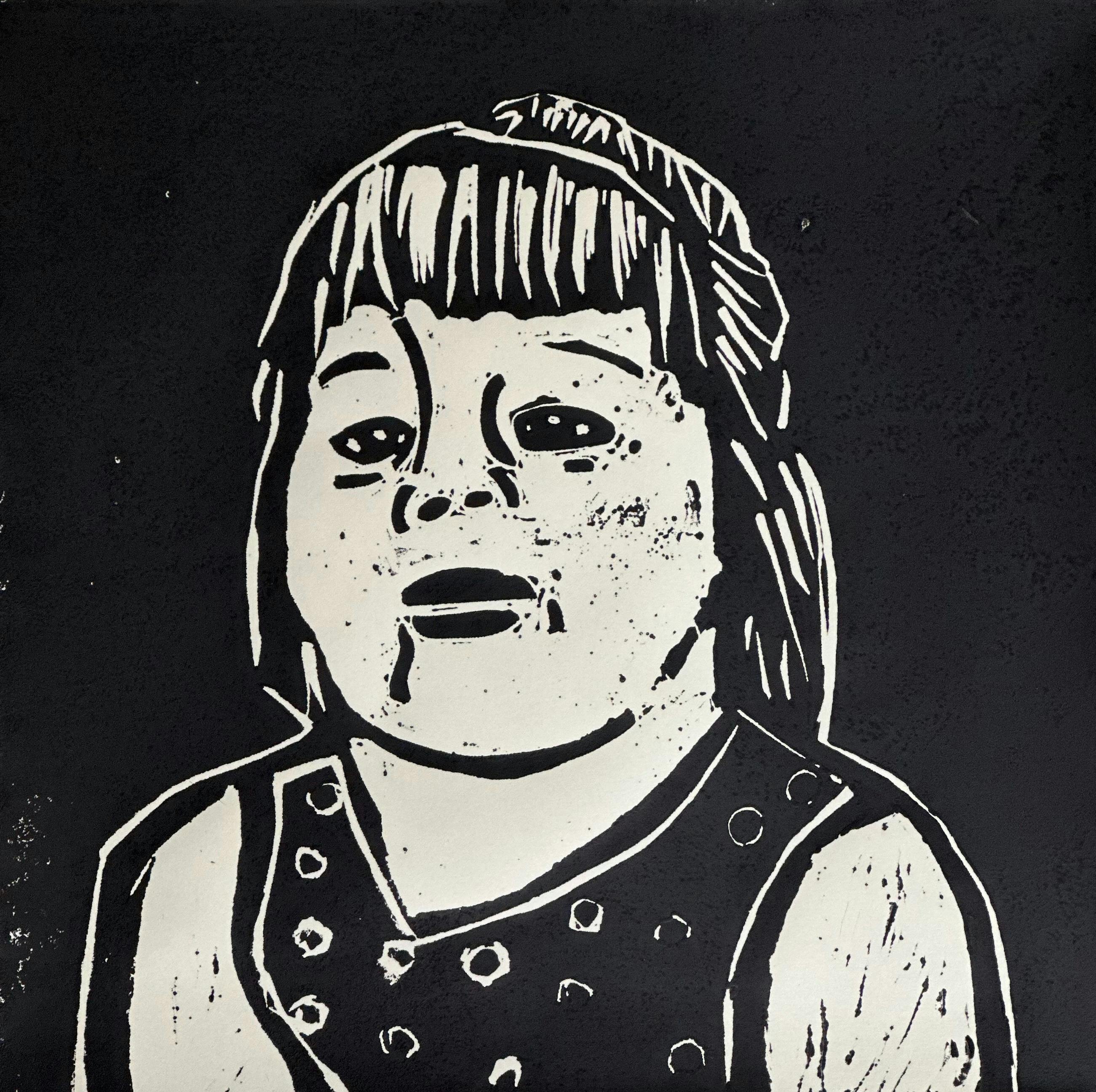 A black and white portrait in lino print of a woman with long hair and a black top.