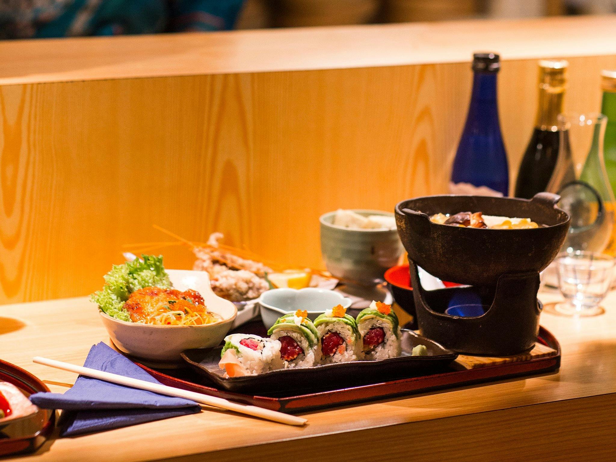 Tray of various japanese dishes