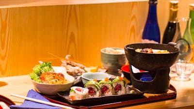 Tray of various japanese dishes