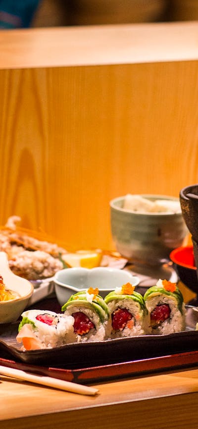 Tray of various japanese dishes