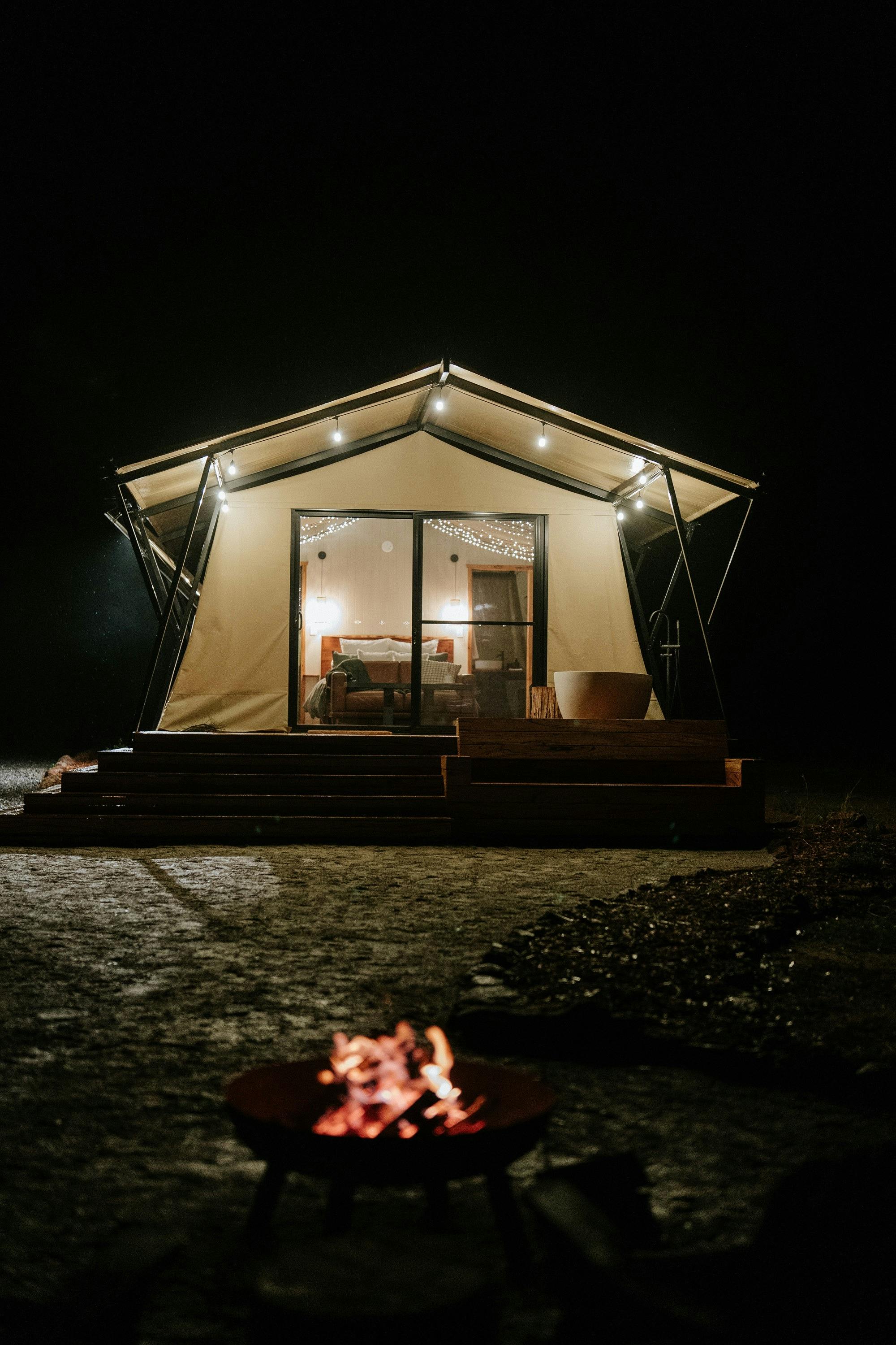 exterior of tent at night