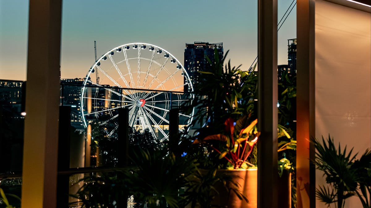 Sunset, with the city views and southbank eye.