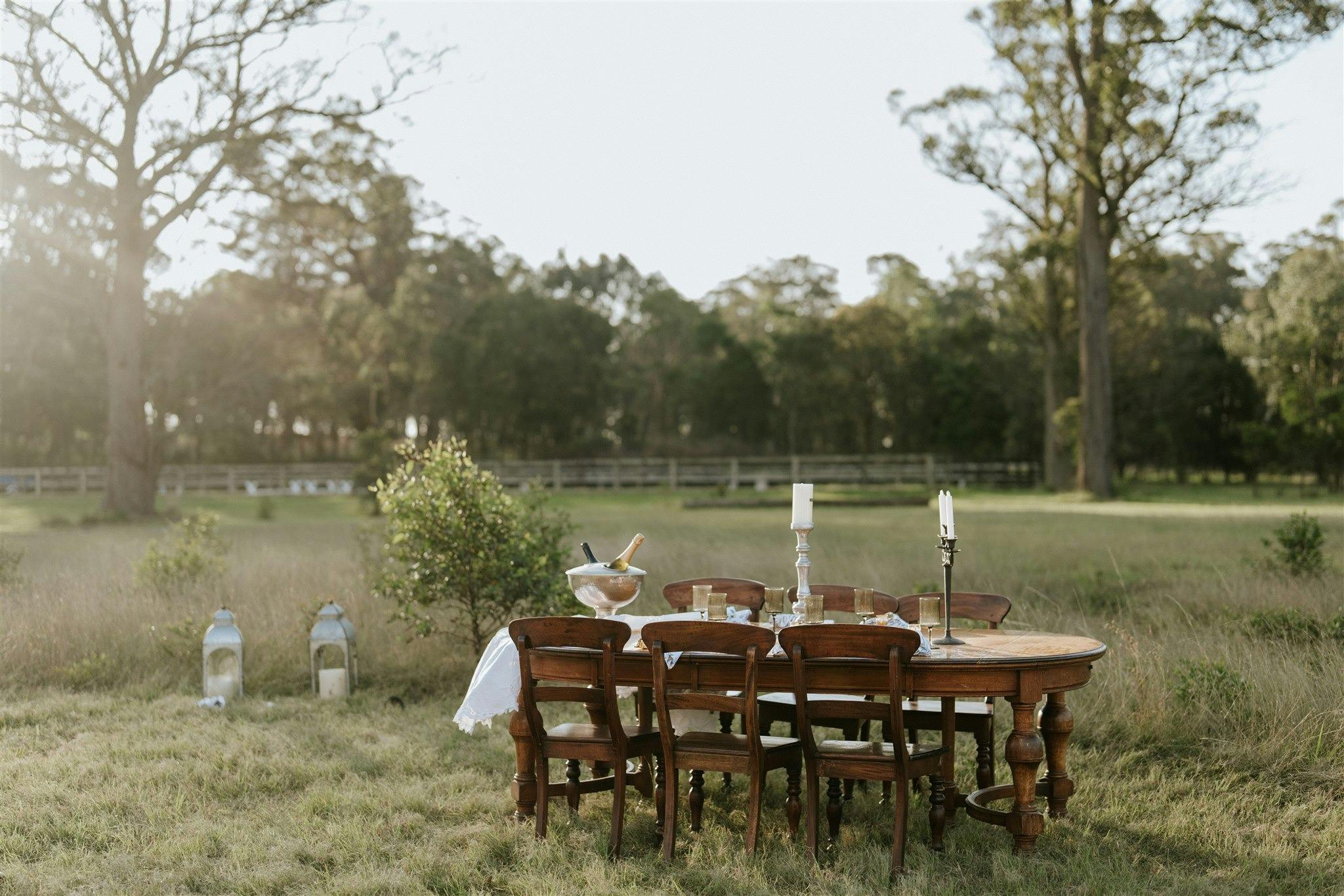 Private dining set up in our paddock at Scribbly Farm