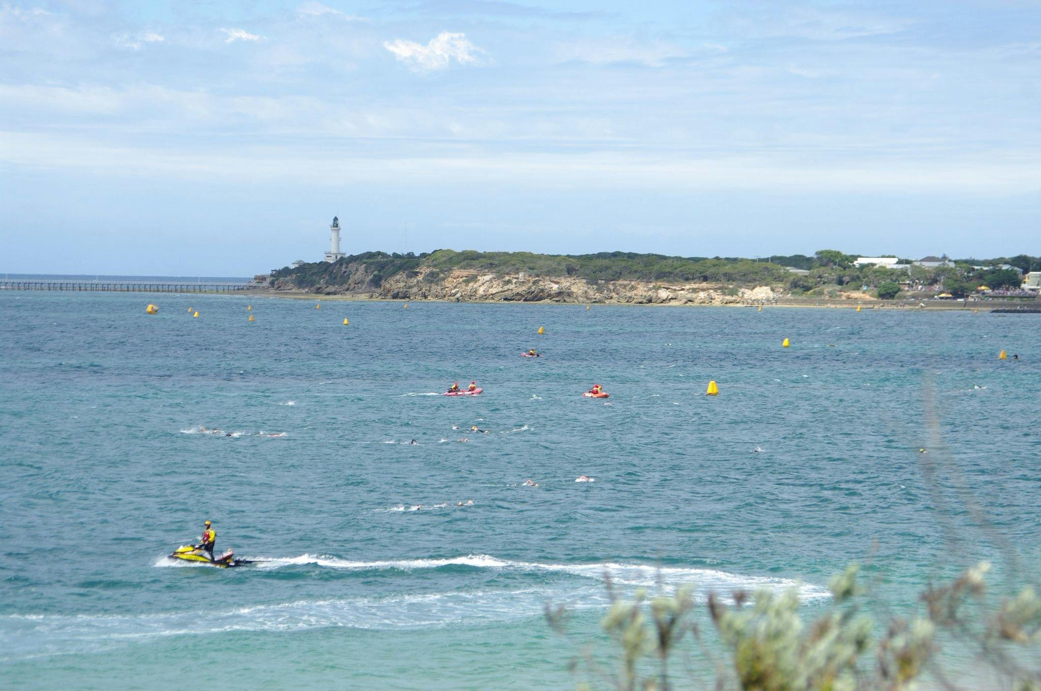 View of Lonsdale bay during the Rip View Swim Classic with Point Lonsdale lighthouse visible