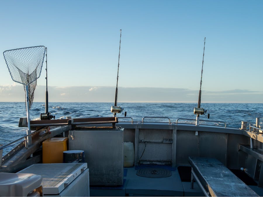 view of back of fishing boat with rods and fishing net