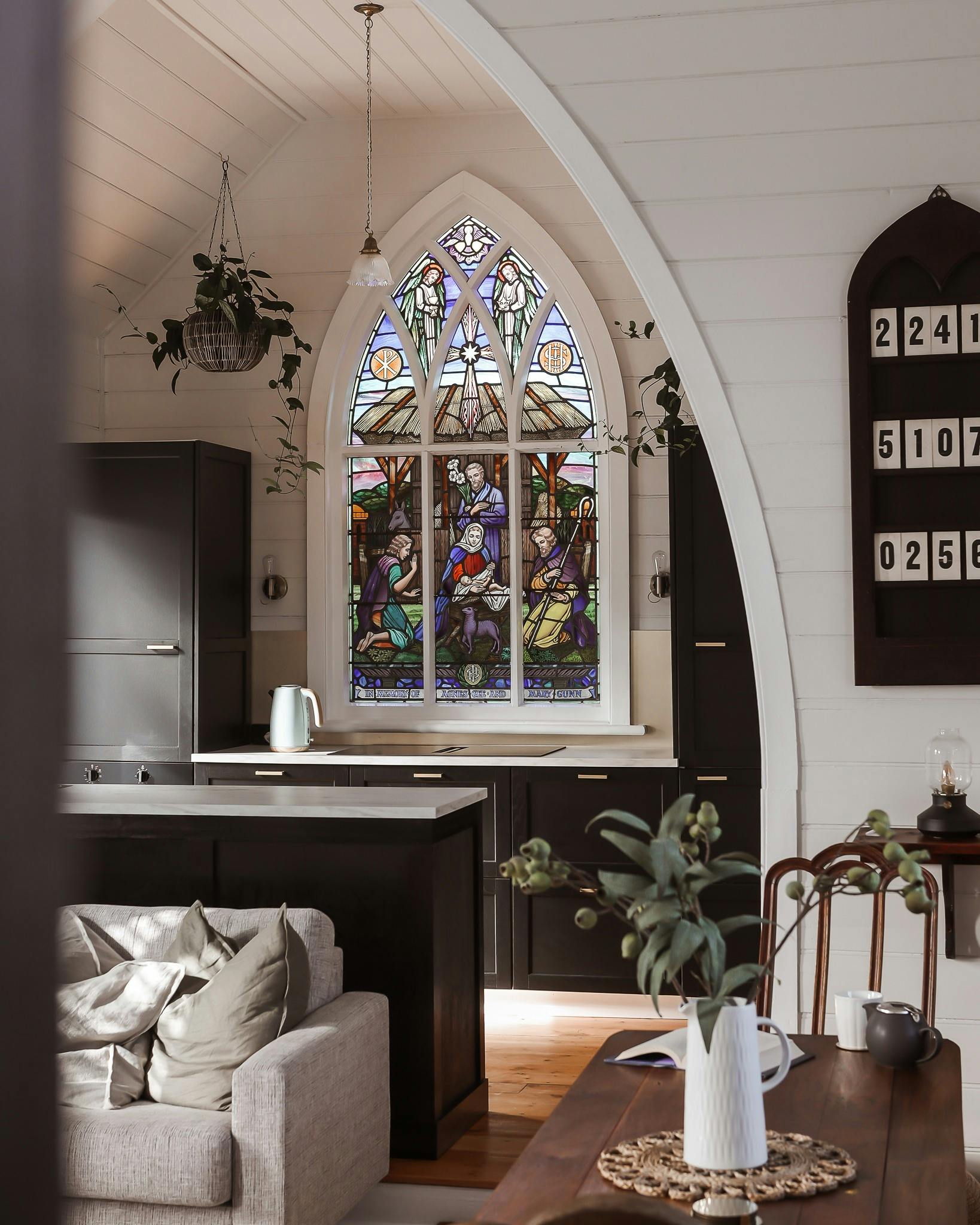 Stained Glass original in the Low Head Chapel, kitchen opens to sunny patio