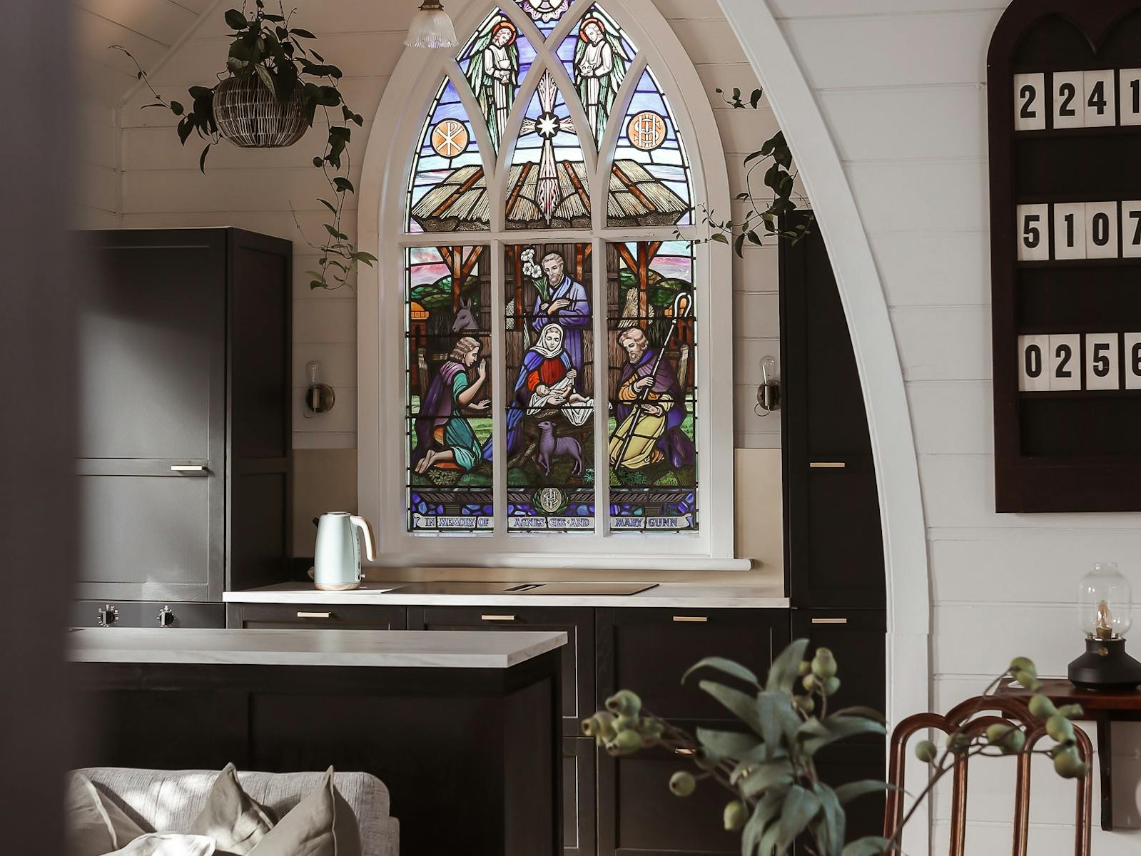 Stained Glass original in the Low Head Chapel, kitchen opens to sunny patio