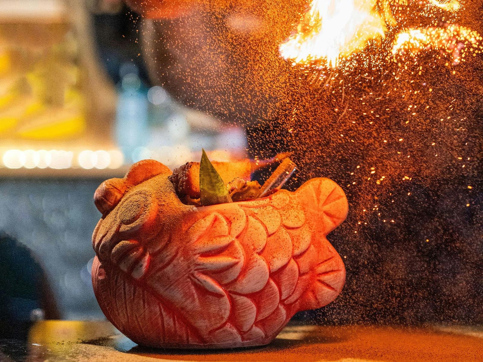 KOI Zombie cocktail on fire at KOI Bar & Restaurant.