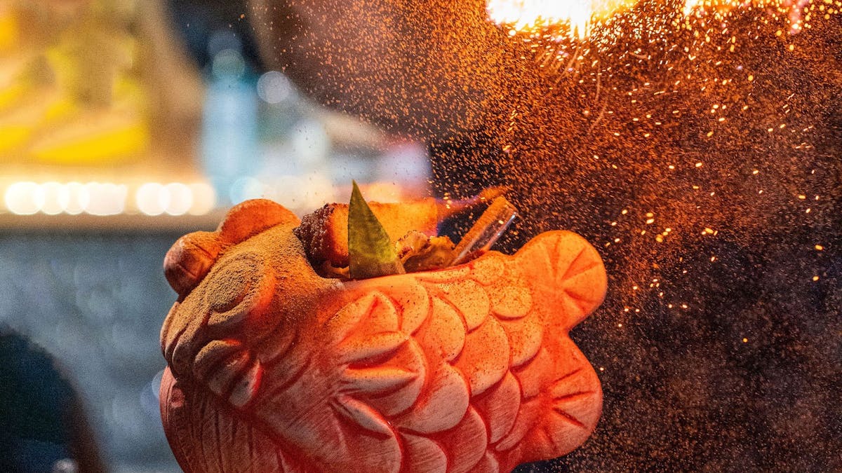 KOI Zombie cocktail on fire at KOI Bar & Restaurant.