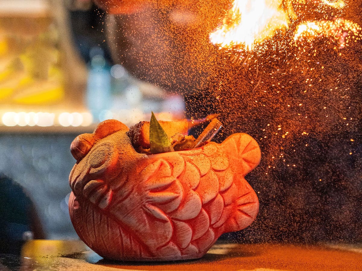 KOI Zombie cocktail on fire at KOI Bar & Restaurant.