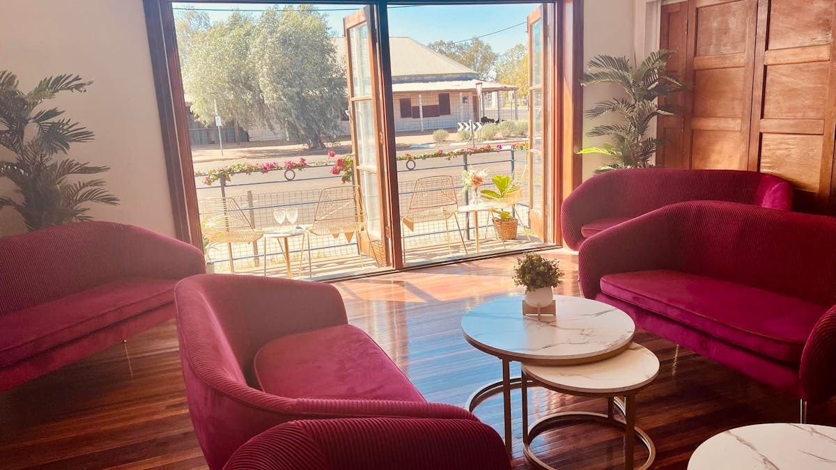 Luxury red sofas and large feature doors leading onto juliette balconys at the Old RSL Cunnamulla Luxury red sofas and large feature doors leading onto juliette balconys at the Old RSL Cunnamulla