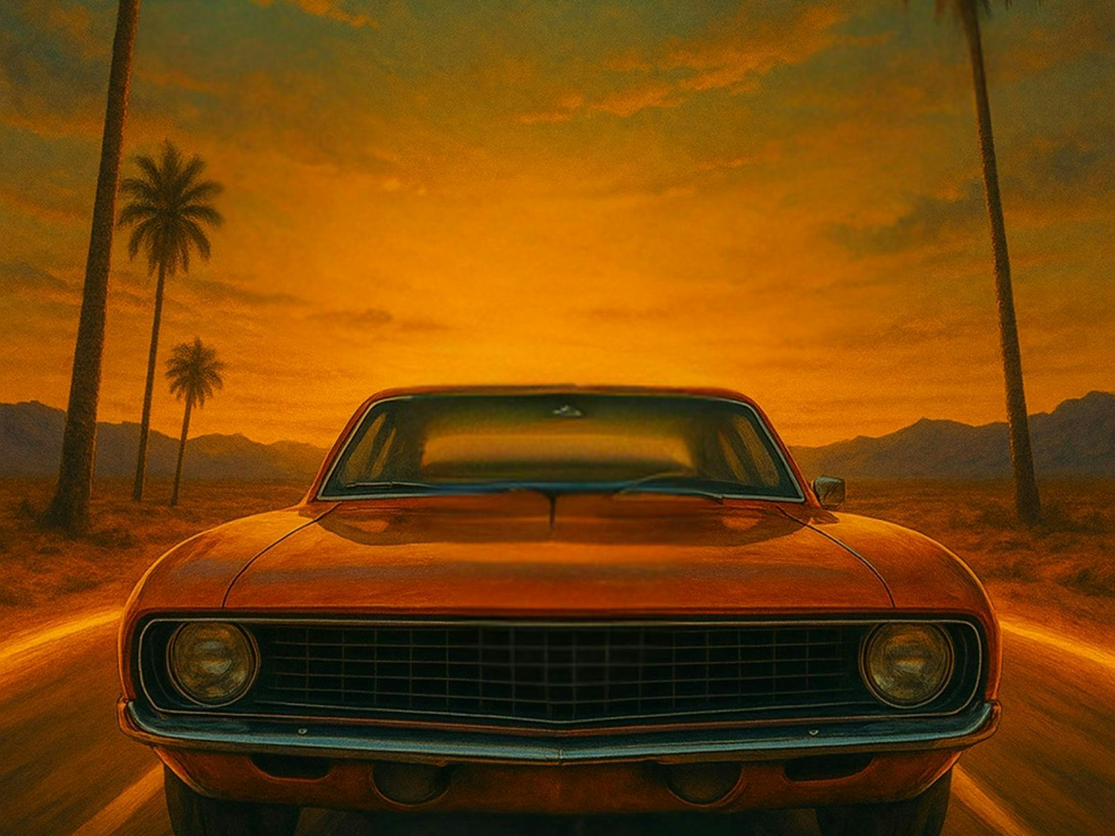 the front of a car with a yellow tint on the picture