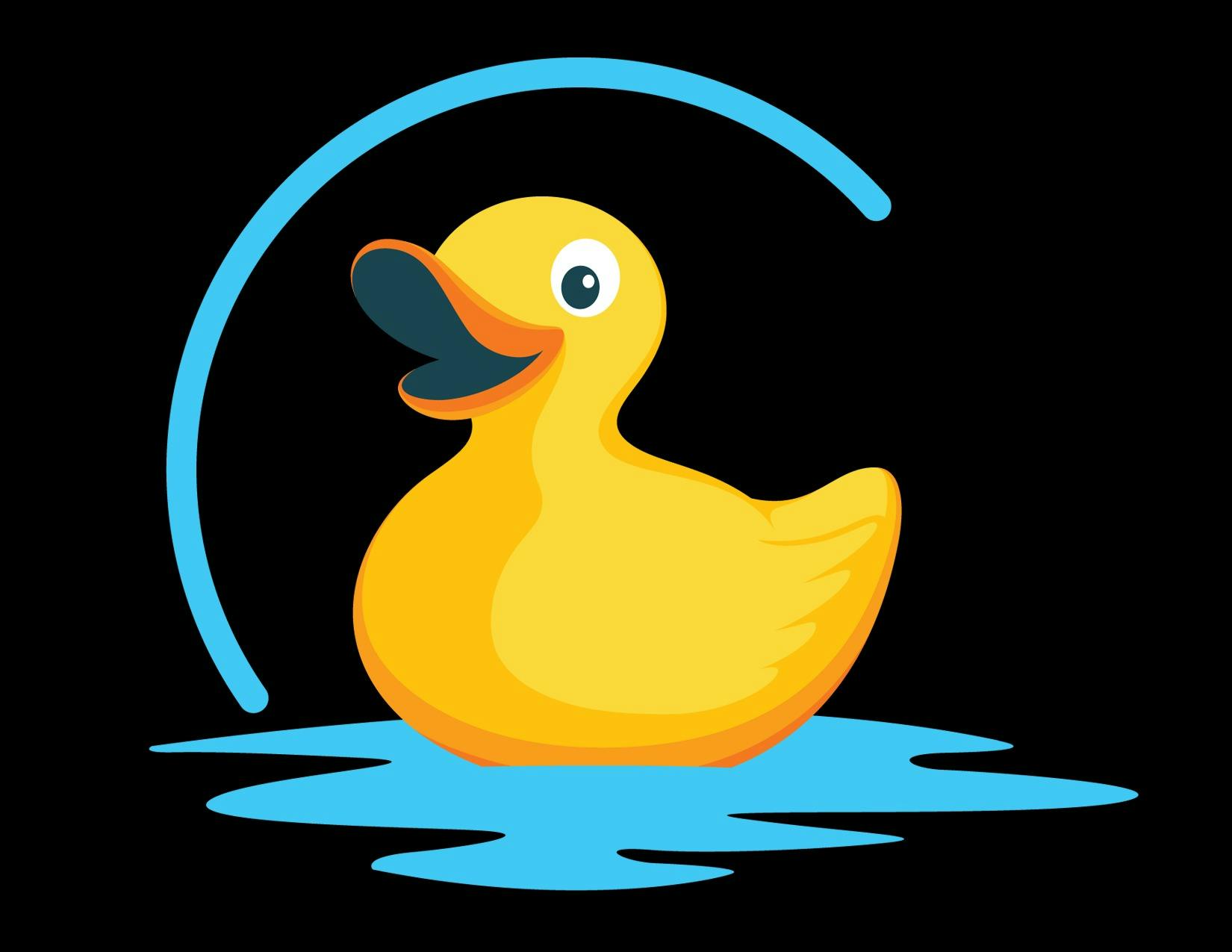 an animated yellow duck on a background with a bit of blue at the bottom
