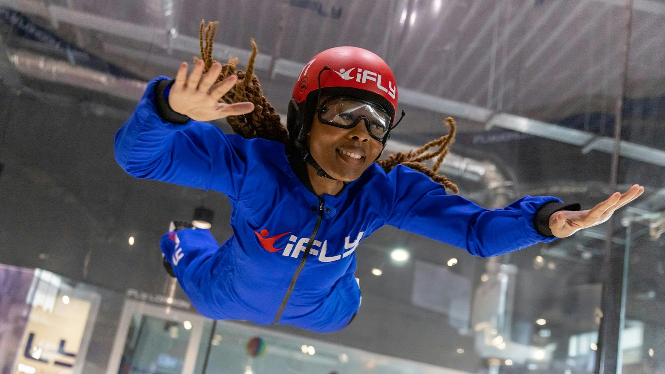 A first-time flyer enjoying the sensation of freefall at iFLY Melbourne.