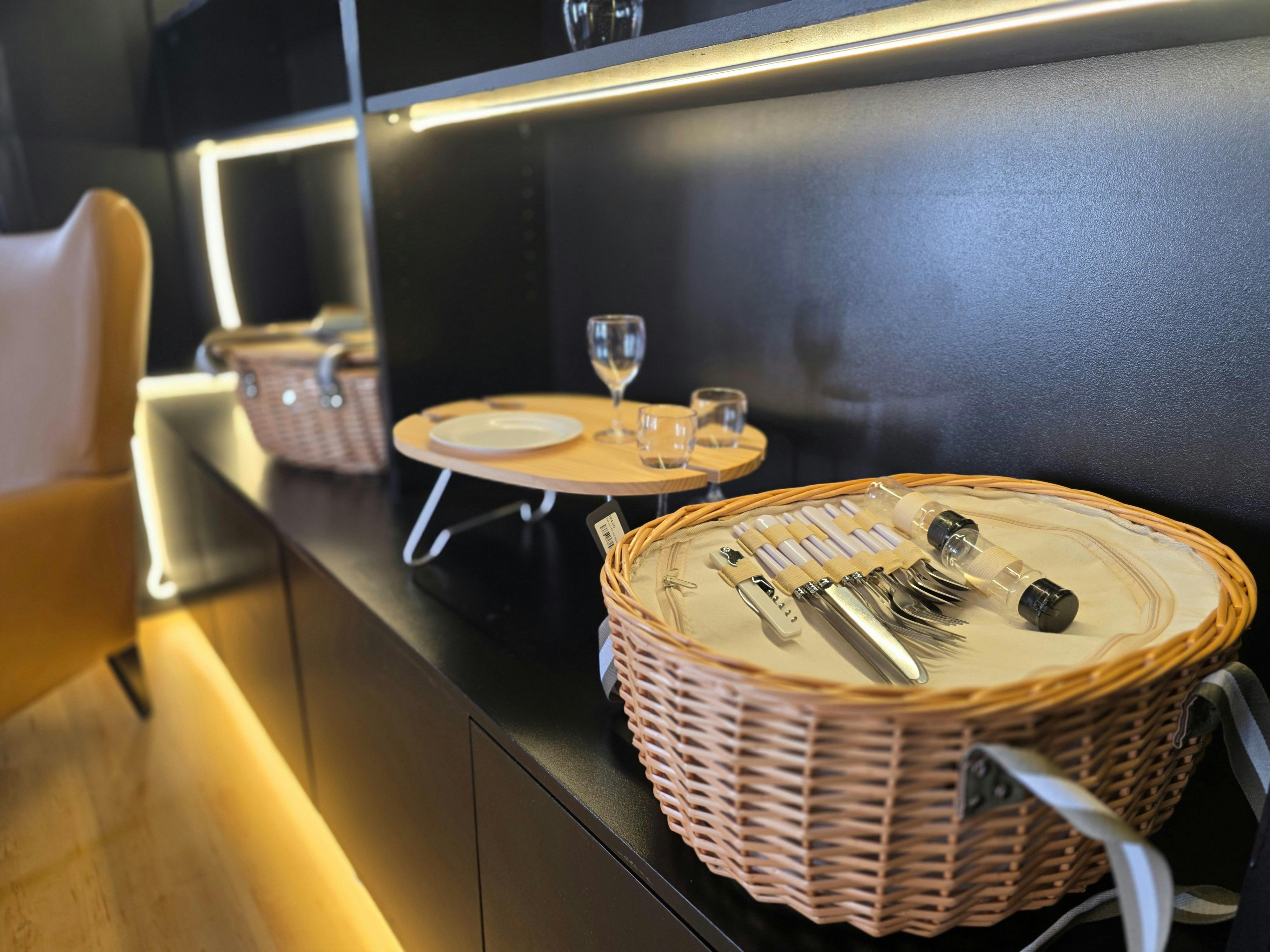 Close up of a display table with wine accessories and giftware.