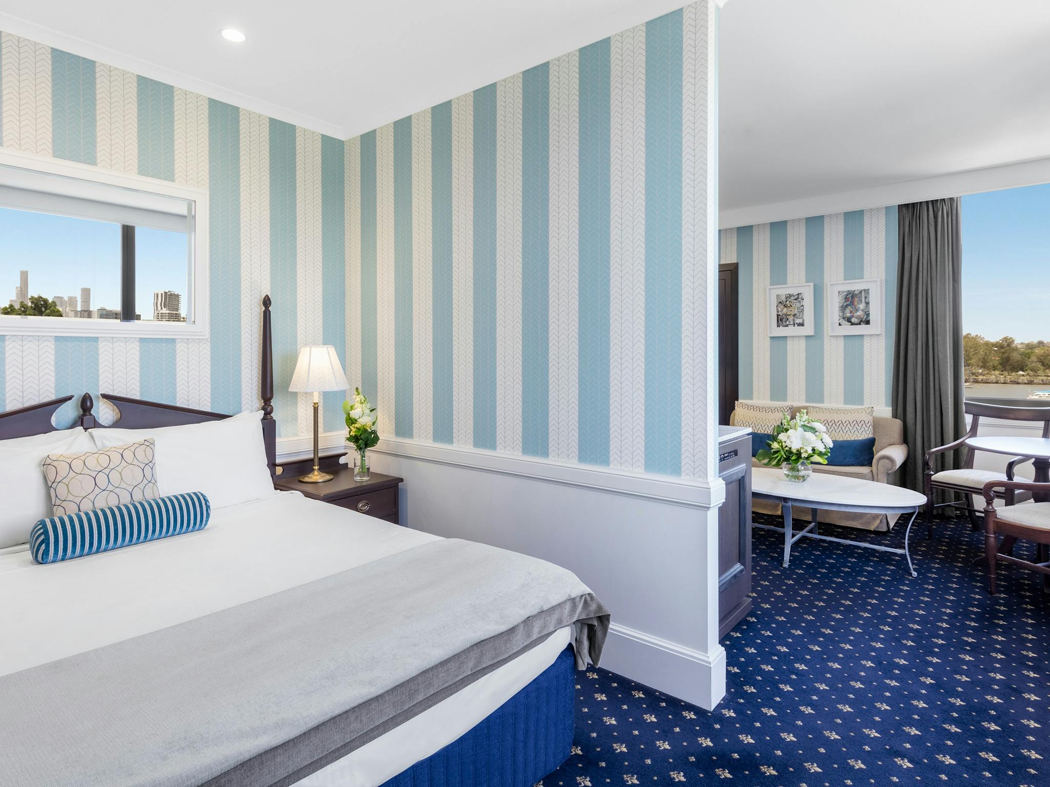 Blue hotel room with dividing wall Blue hotel room with dividing wall