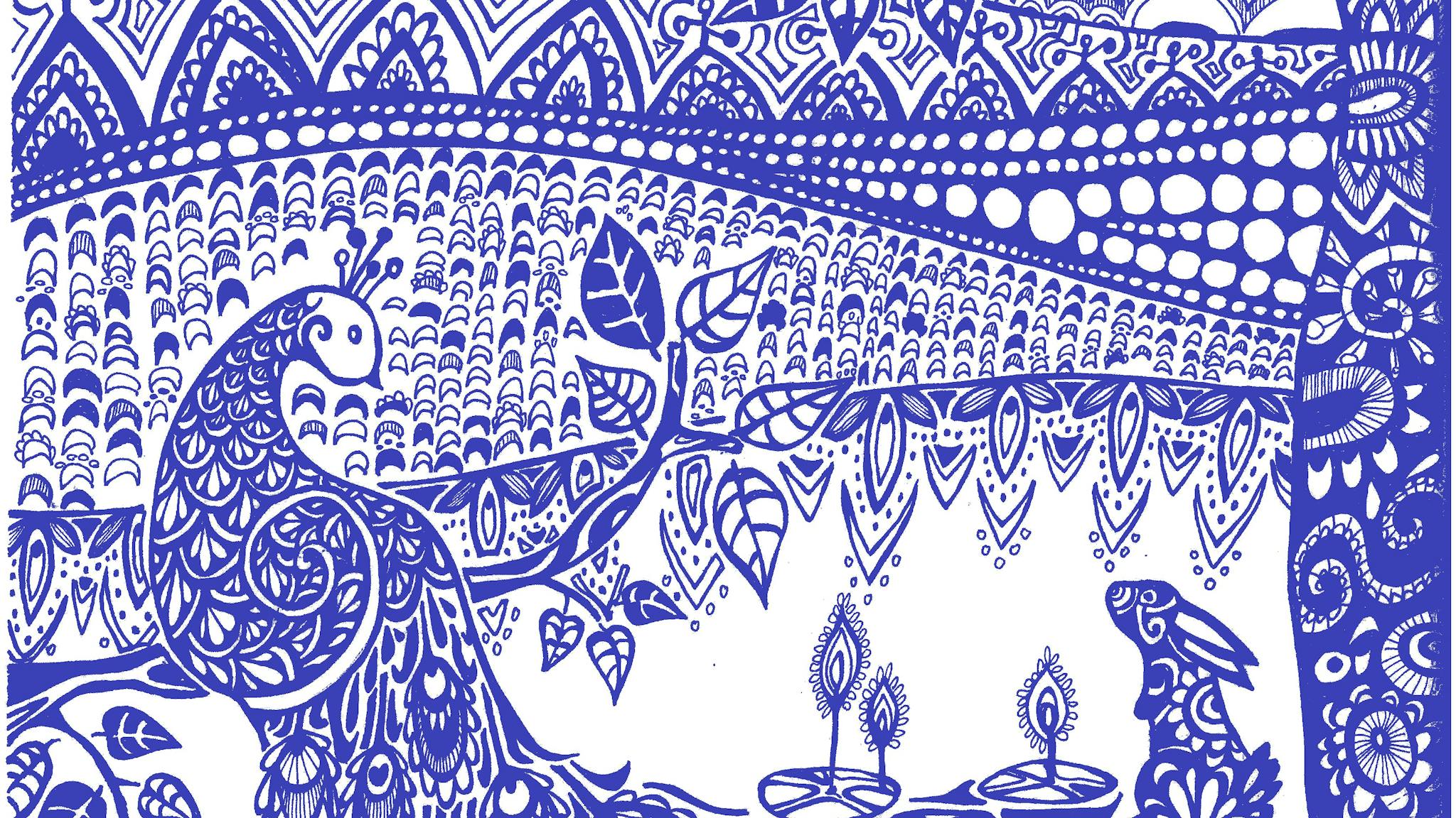 A blue and white line drawing of a landscape featuring a peacock and bunny.