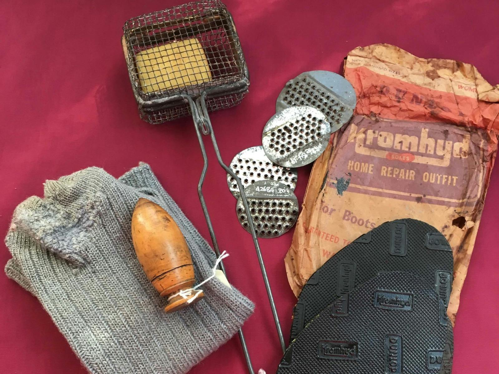 Shoe repair kit, soap sud basket, darning egg for clothes