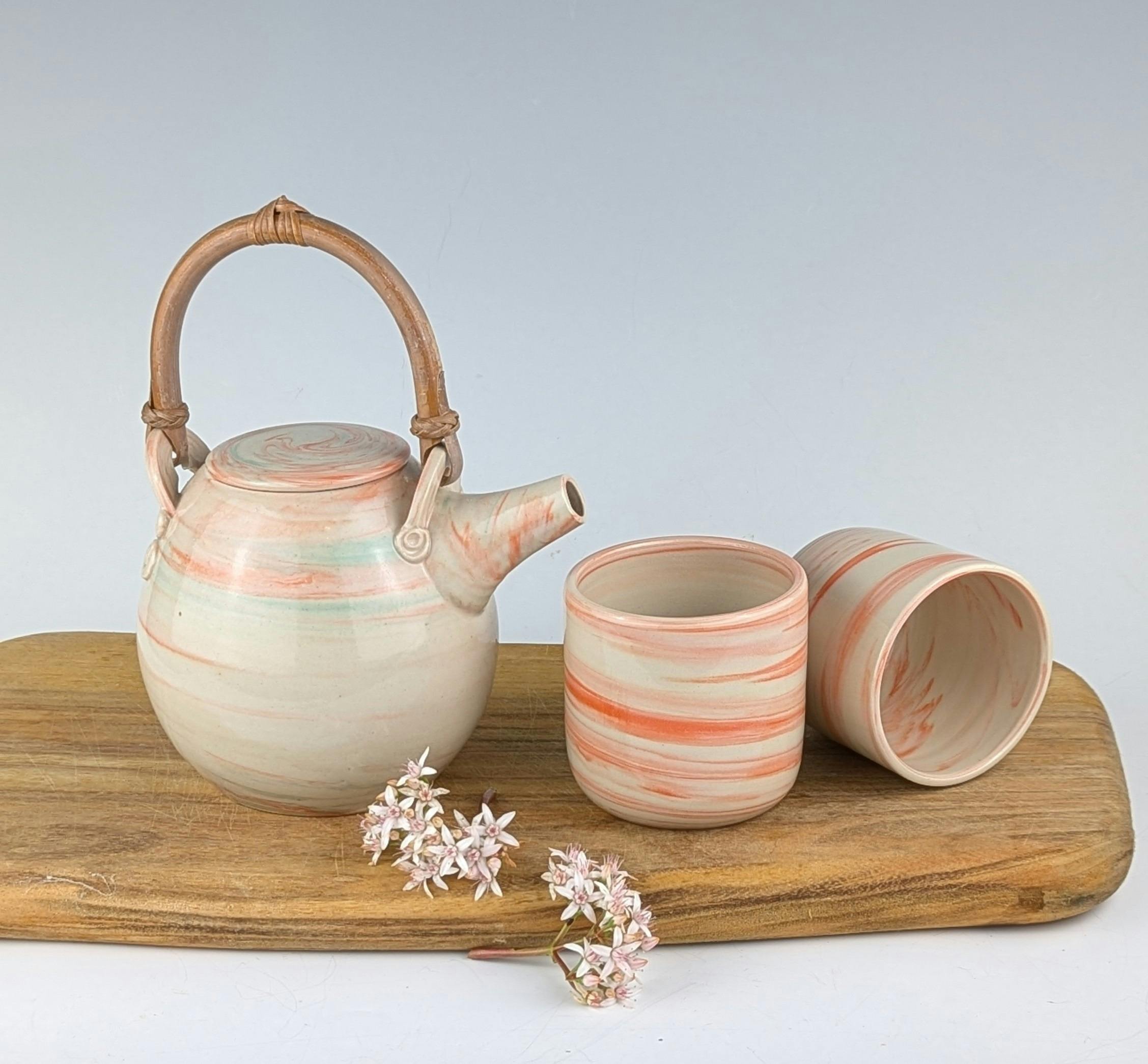 Marbled tea set Porcelain marbled bud vases by PJ Pottery